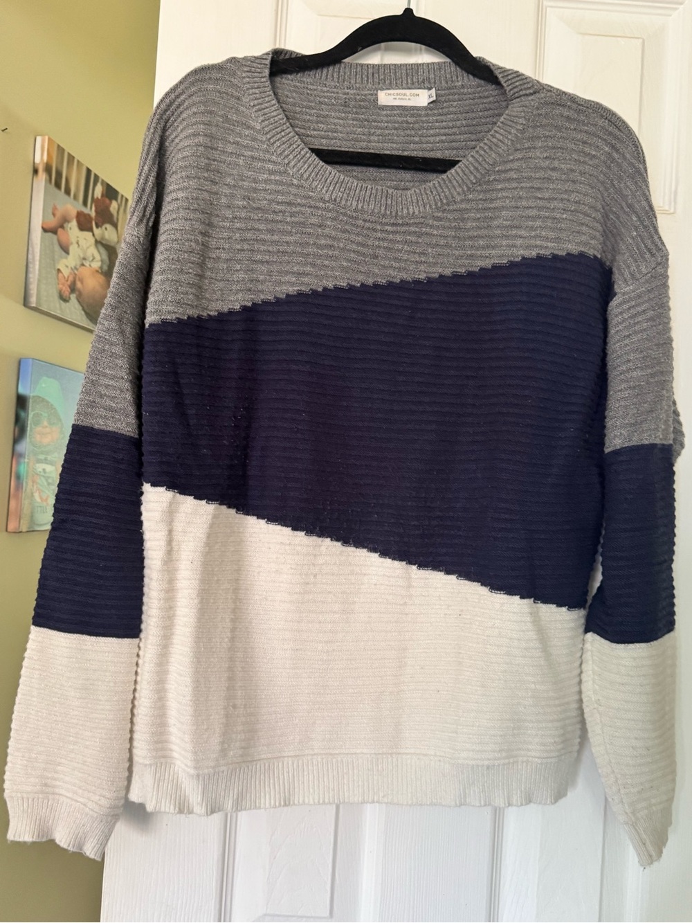 Chicsoul Colorblock Crewneck Sweater - Gray, Navy & Cream